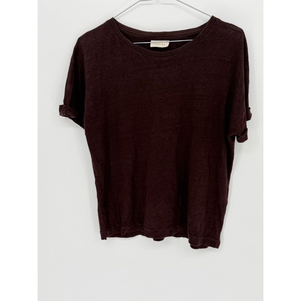 Poetry Womens T-Shirt 100% Linen Rolled Cuff Plum US 2